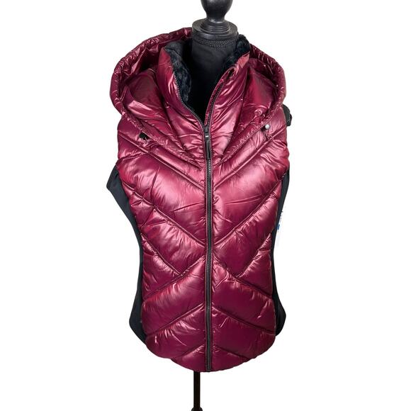 DKNY Women's Hooded Puffer Vest w/ Contrast Scuba & Faux Fur Collar NWT SIZE XL - Picture 2 of 9